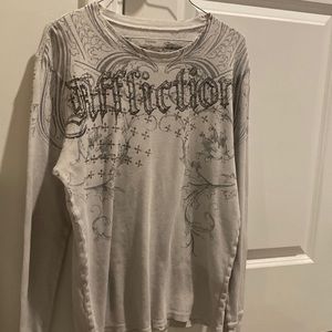 white and gray Affliction long sleeve crew neck